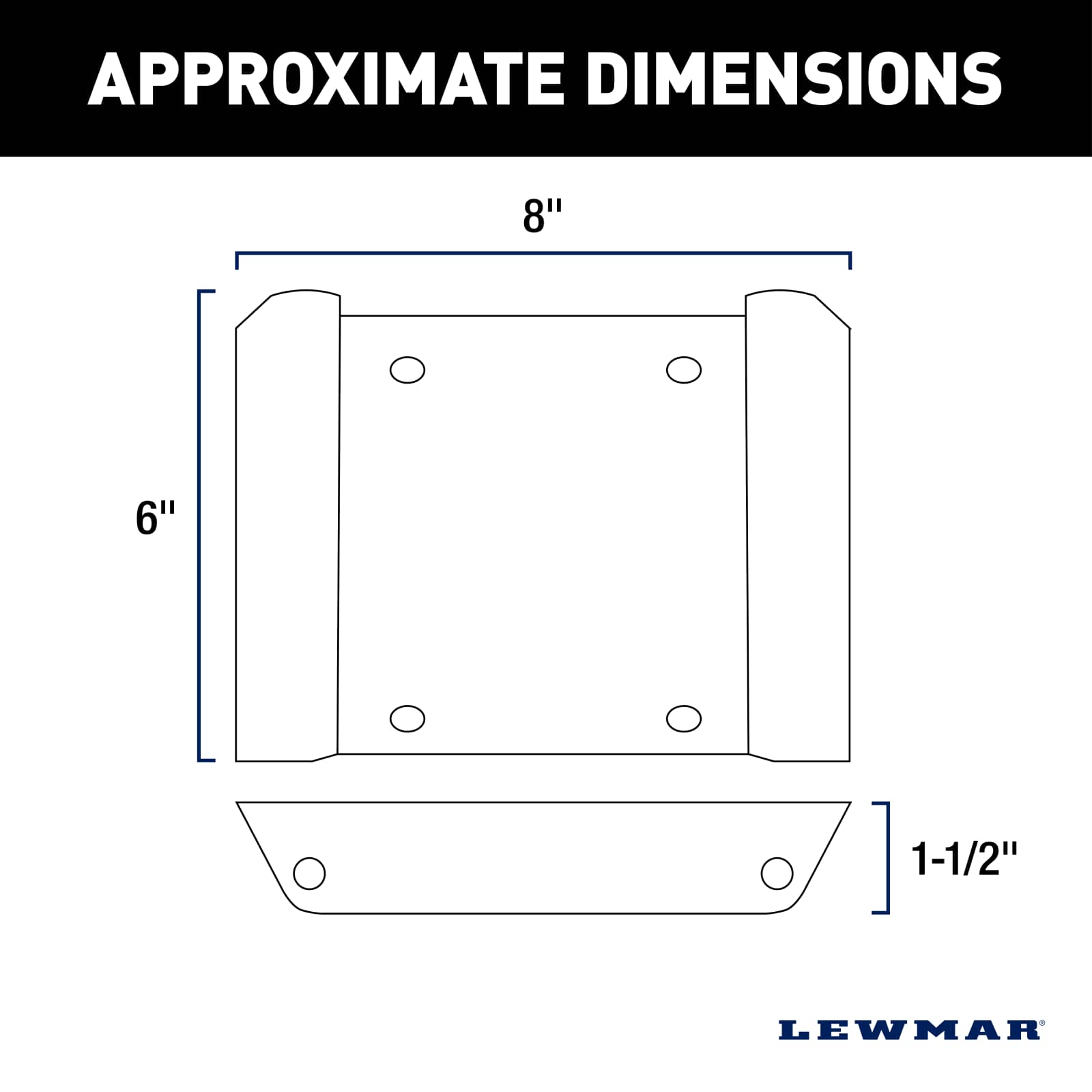 Lewmar Quick Release Mounting Bracket dimension diagram, 8 in x 6 in x 1.5 in dovetail plate