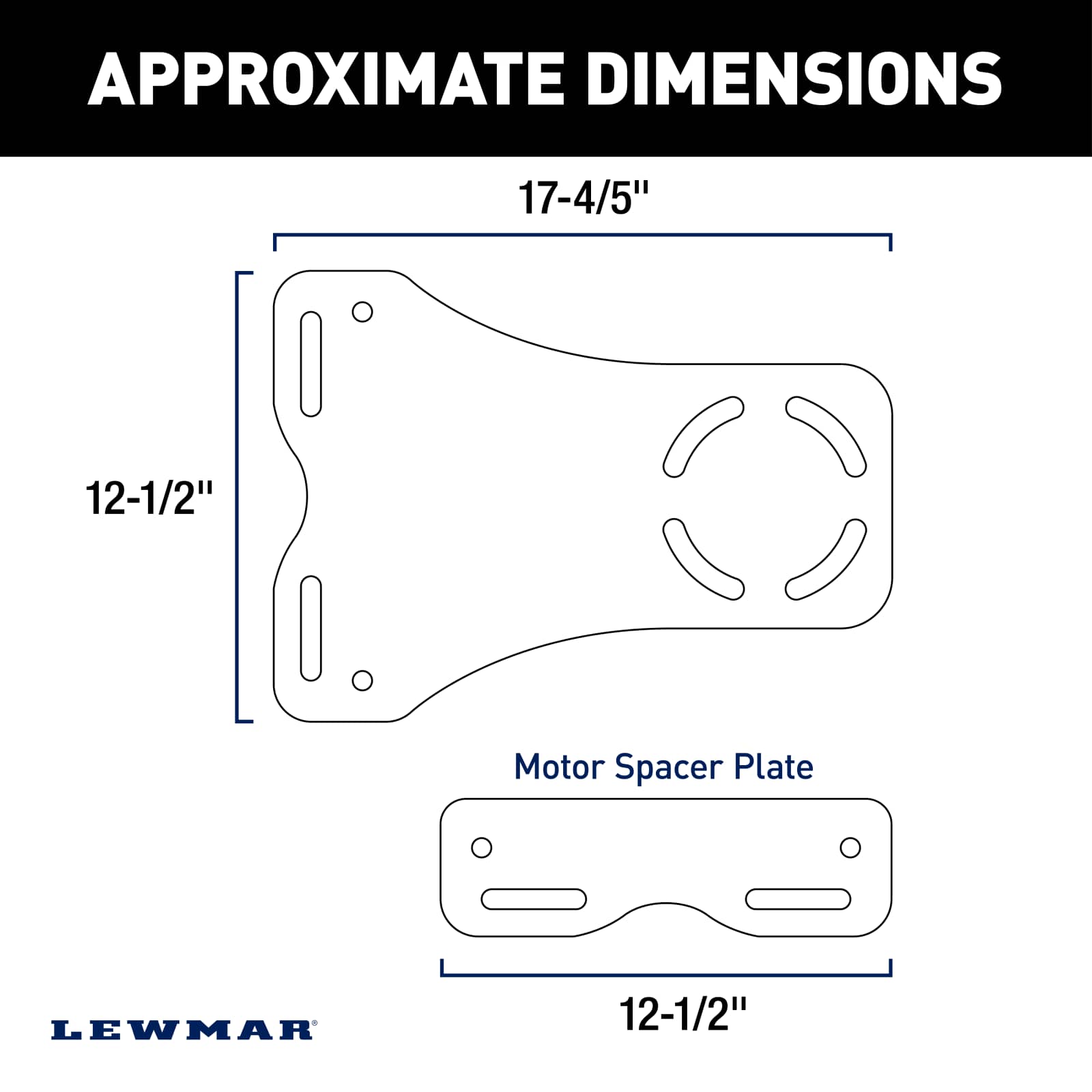 Lewmar Motor Mount Bracket dimension diagram showing sandwich-plate profile between outboard and transom